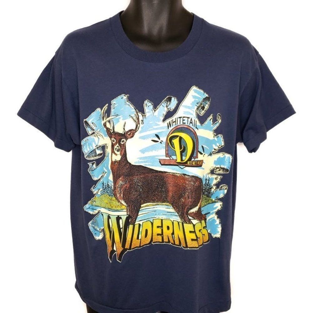 Whitetail Deer T Shirt Vintage 80s Wilderness 50/50 Made In USA Mens Size Large